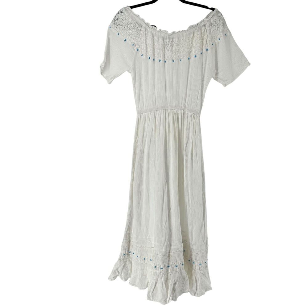 220 Hickory Maxi Dress White Off The Shoulder Turquoise Bead Size S Ruffle Crepe